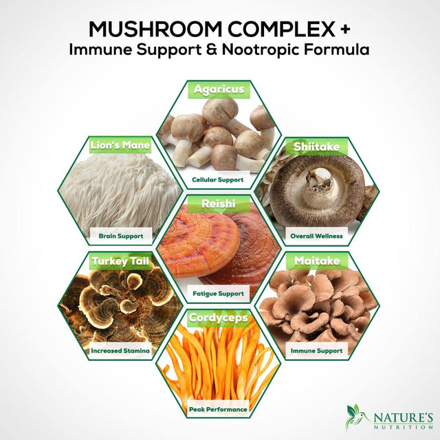 Mushroom Supplement - 10 Mushroom Complex Blend - Lions Mane, Reishi, Turkey Tail, Chaga, Cordyceps, Shiitake, Maitake - Nootropic Brain Supplement, Memory, Focus, Immune Health Support - 120 Count