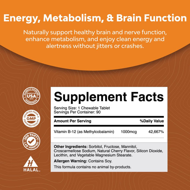 Chewable Vitamin B12 1000 Mcg - Cherry Flavor Methyl B12 Vitamins for Brain Support, Energy & Metabolism Boost 90Ct Tablets