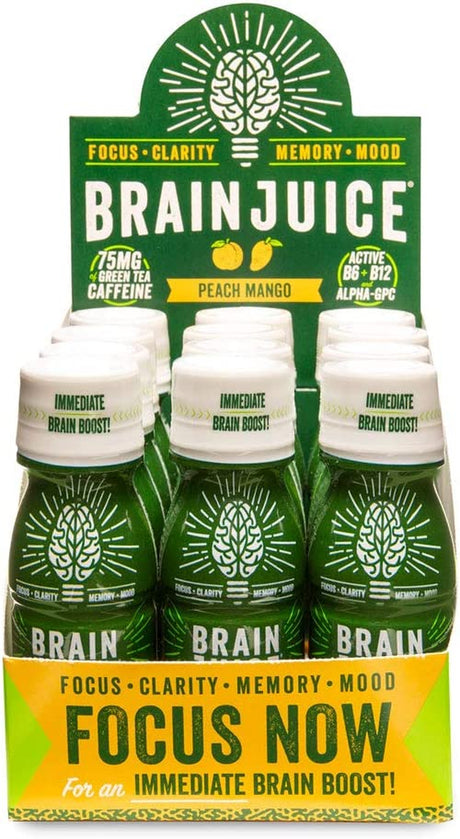 Brainjuice Brain Booster Shot, Original Peach Mango | Brain Support Supplement with Alpha GPC, B5, B6, B12 | Improved Energy, Memory, Focus, Clarity, & Mood | Gluten-Free, Non-Gmo | 2.5 Fl Oz, 12 Pack