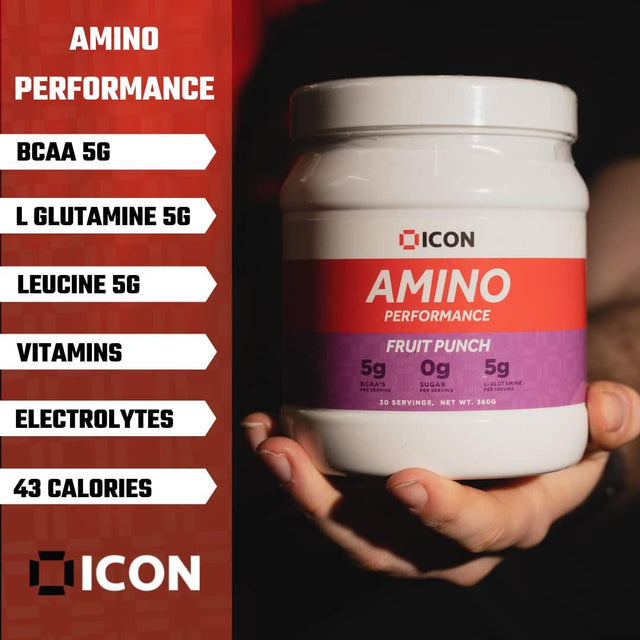 Amino Performance BCAA Powder and Glutamine Drink Gluten Free 30 Servings Fruit Punch Flavour by ICON Nutrition