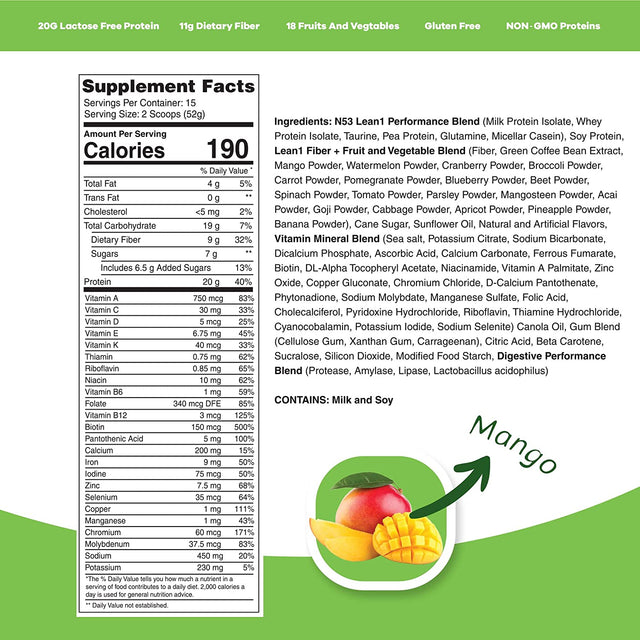 Lean1 Mango, 15 Serving Tub, Fat Burning Meal Replacement by Nutrition53