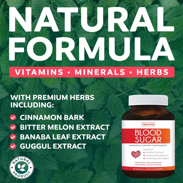 Healths Harmony Blood Sugar Support Supplement - Helps with Blood Glucose and Weight Loss - Natural Herb Health Level Formula - 100% Money Back Guarantee - 60 Capsule Pills