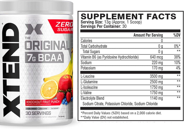 XTEND Original BCAA Powder Knockout Fruit Punch | Sugar Free Post Workout Muscle Recovery Drink with Amino Acids | 7G Bcaas for Men & Women | 30 Servings