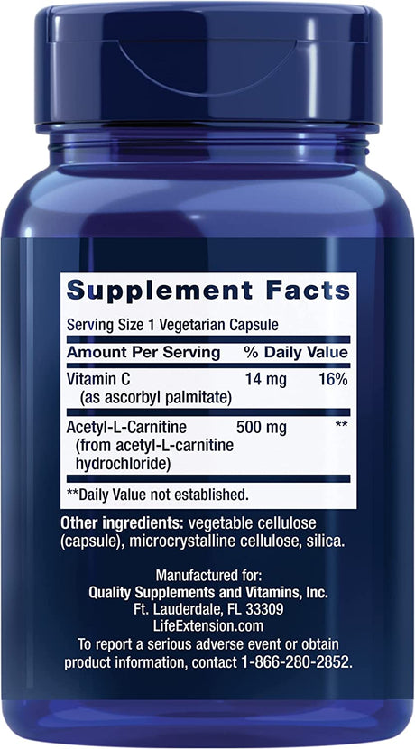 Life Extension Acetyl-L-Carnitine, Acetyl-L-Carnitine, Vitamin C, Brain, Mood & Nerve Health, Cellular Energy, 3-Month Supply, Gluten-Free, Non-Gmo, Vegetarian, 100 Capsules