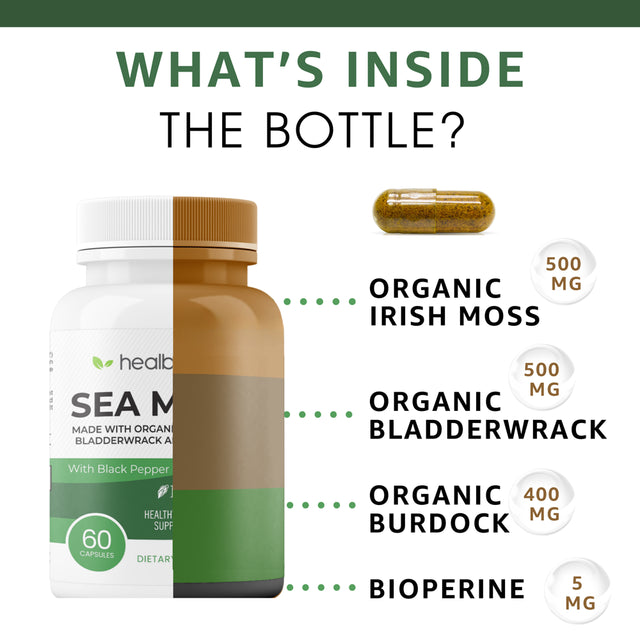 Healblend Organic Irish Moss, Bladderwrack, Burdock, & Bioperine - 1405Mg with Black Pepper - Natural Wellness and Detox Support Supplement - 60 Capsules 3-Pack