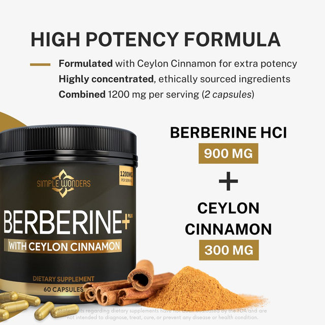 Simple Wonders Berberine HCL 1200Mg with Ceylon Cinnamon Capsules, Metabolism & Blood Sugar Support Supplement, 60 Count