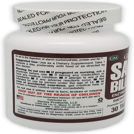 Germa Bile Salts Natural Dietary Supplement, for Liver Support / Sales Biliares Suplemento Dietetico Natural, Ayuda Higado 30 Tabs