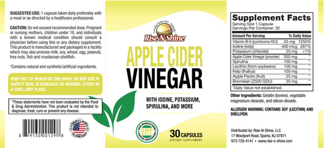 Rise-N-Shine, Apple Cider Vinegar Complex with Iodine Potassium Spirulina and More, 30 Count