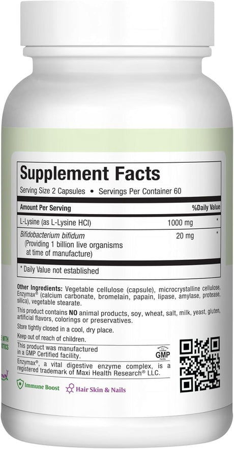 Lysine Complex with Probiotics - L-Lysine 1000Mg Capsules for Protein Synthesis and Immune Health - 1000 Mg Lysine Supplement from Lysine Hcl - Amino Acid with Enzymax for Enhanced Absorption