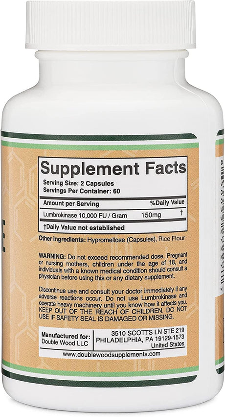 Lumbrokinase Enzymes Supplement - 120 Capsules (Max Activity 10,000 Fu/Gram) 150Mg per Serving (No Fillers, Manufactured in the USA) for Cardiovascular and Blood Circulation Support by Double Wood