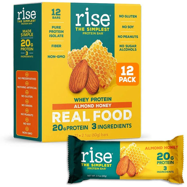 Rise Whey Protein Bars - Almond Honey | Healthy Breakfast Bar & Protein Snacks, 20G Protein, 4G Fiber, Just 3 Whole Food Ingredients, Non-Gmo Healthy Snacks, Gluten-Free, Soy Free Bar, 12 Pack