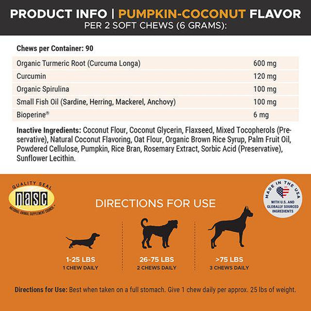Pet Honesty Dog Hip + Joint Health Turmeric Chews, Pumpkin Coconut, 90 Ct