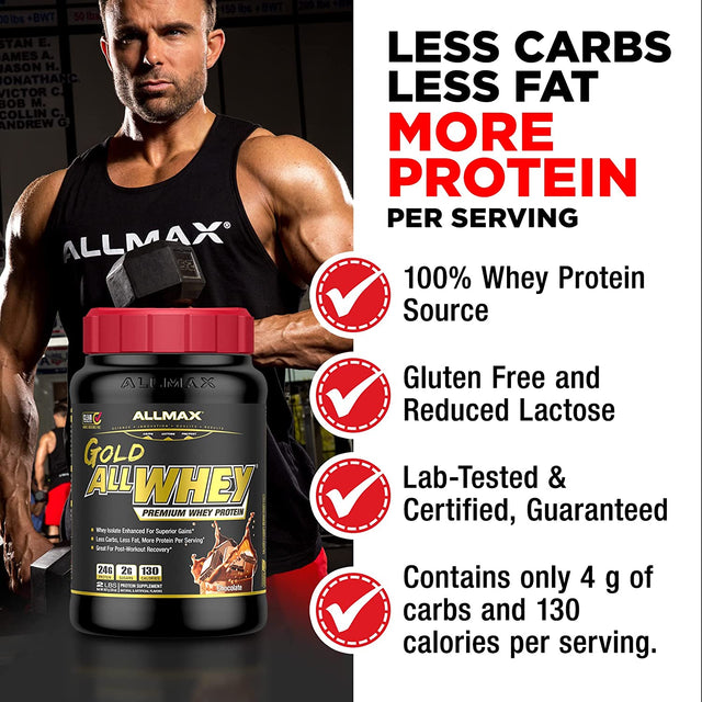 ALLMAX Gold ALLWHEY, Chocolate - 5 Lb - 24 Grams of Protein per Scoop - Gluten Free, Low Carb & Low Sugar - Approx. 71 Servings