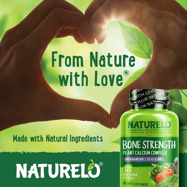 NATURELO Bone Strength - Plant-Based Calcium, Magnesium, Potassium, Vitamin D3, Vit C, K2 - GMO, Soy, Gluten Free Ingredients - Whole Food Supplement for Bone Health - 120 Vegan Friendly Capsules
