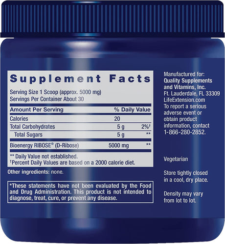 Life Extension D-Ribose Powder - for Energy Management & Heart - Muscle Health Supplement after Exercise - Vegetarian, Gluten-Free, Non-Gmo - 150G (30 Servings)