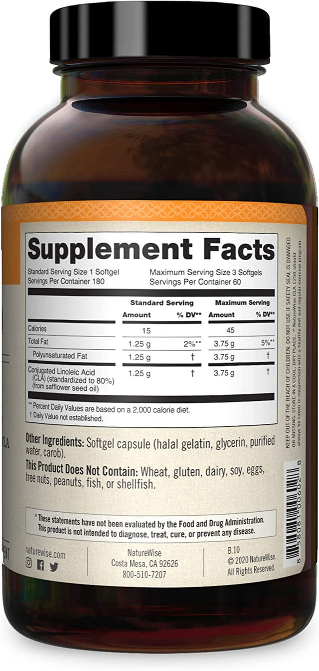 Naturewise CLA 1250 Support Exercise Naturally (2-Month Supply), Support Fitness Goals, Supports Healthy Energy Levels 180 Count