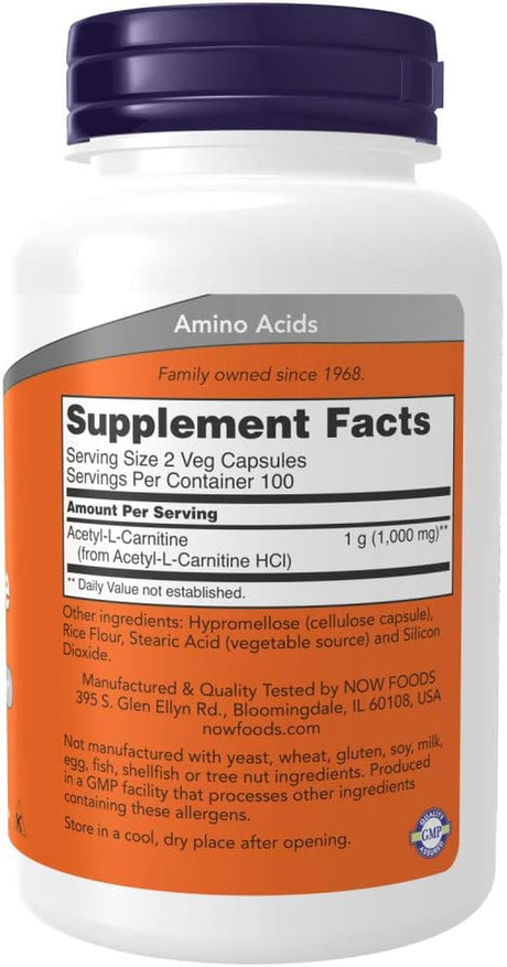 NOW Supplements, Acetyl-L Carnitine 500 Mg, Amino Acid, Brain and Nerve Cell Function*, 200 Veg Capsules