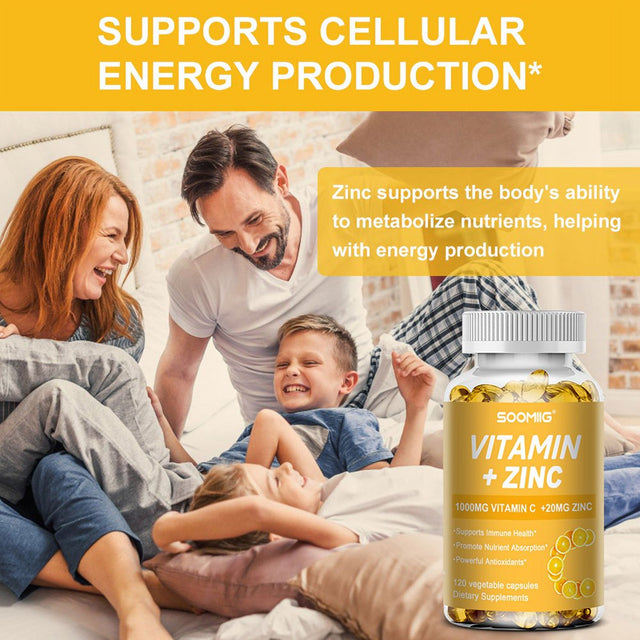 SOOMIIG Vitamin 1000Mg + Zinc 20Mg Supplement, 2-In-1 Antioxidant Formula, Immunity Enhancement, Collagen Production & Skin Health Support