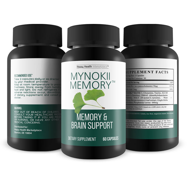 Mynokii Memory - Nootropic Brain Supplement - Memory & Brain Support with Gingko Biloba & DMAE - Aid Memory, Focus, Mood, & Productivity - Promote Clear Thinking & Concentration - Memory Supplements