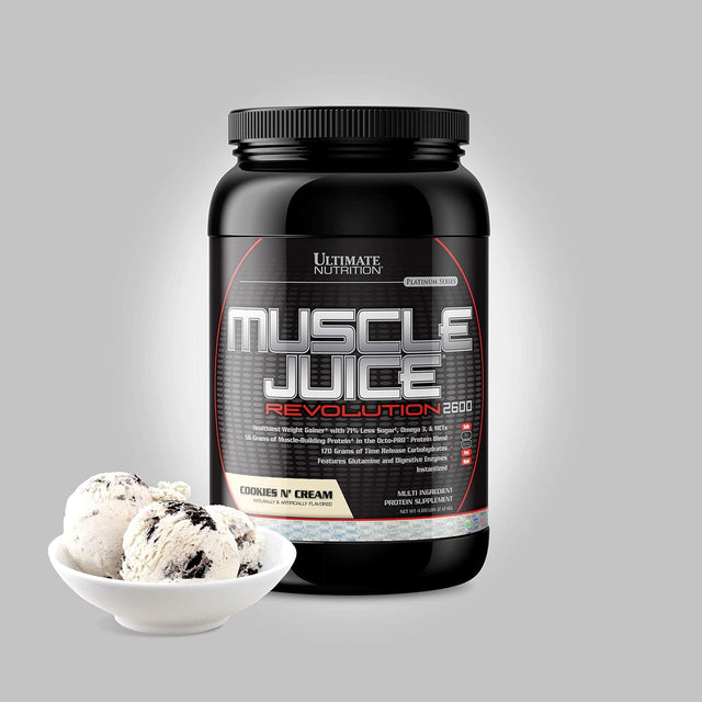 Ultimate Nutrition Muscle Juice Revolution Weight and Lean Muscle Mass Gainer Protein Powder with Glutamine, Micellar Casein and Time Release Complex Carbohydrates, Cookies N Cream, 4.69 Pounds