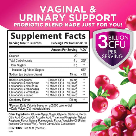 Probiotics for Women + Cranberry - 3 Billion CFU Guaranteed & 6 Vegan Strains for Women'S Vaginal, Digestive, Ph & Immune Health Support, Womens Probiotic Gummy, Shelf Stable, No Gluten - 120 Gummies