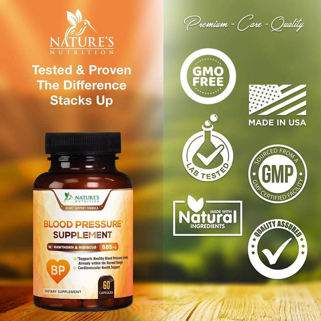 Nature'S Nutrition Blood Pressure Support Supplement with Hawthorn and Hibiscus 685Mg, 60 Capsules.