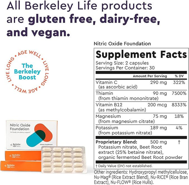 Berkeley Life Professional - Nitric Oxide Booster & Support Supplement with Organic Beetroot Powder - Help Maintain Healthy Blood Pressure - Support Circulation & Cardiovascular Health, 60 Capsules
