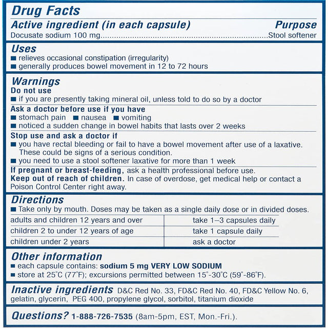 Colace Regular Strength Stool Softener 100 Mg Capsules 60 Count Docusate Sodium Stool Softener for Gentle Dependable Relief