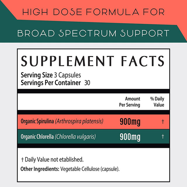 Organic Spirulina and Chlorella Capsules ?Organic Chlorophyll & Blue Green Algae to Support Powerful Detox, Energy & a Healthy Immune System? 3X More Chlorella Spirulina Powder / Serving ? 90 Pills