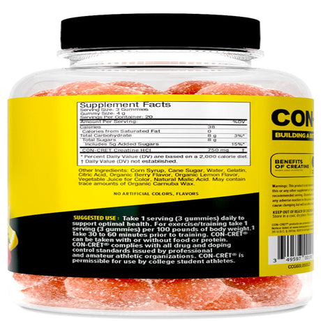 CON-CRET Concentrated Creatine Gummies, Berry Zing Flavor, Supports Muscle & Brain Health, 60 Ct