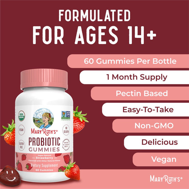 Maryruth'S | USDA Organic Adult Probiotic Gummies for Men & Women | 5 Billion CFU | Digestive & Gut Health Supplement | Strawberry | Vegan, Non-Gmo | 60 Count