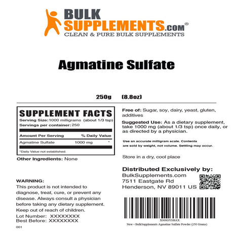 Bulksupplements.Com Agmatine Sulfate Powder, 1000Mg - Nitric Oxide Supplement (250 Grams)