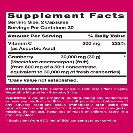 Pink Cranberry Pills for Women | 60 Capsules | plus Vitamin C | Non-Gmo & Gluten Free Extract Supplement