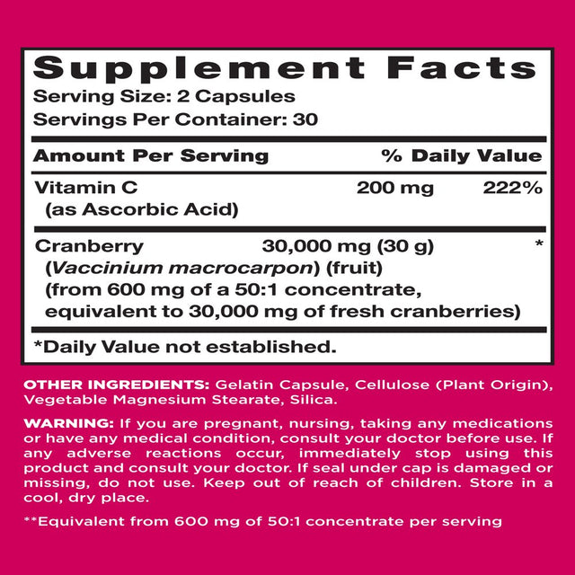 Pink Cranberry Pills for Women | 60 Capsules | plus Vitamin C | Non-Gmo & Gluten Free Extract Supplement