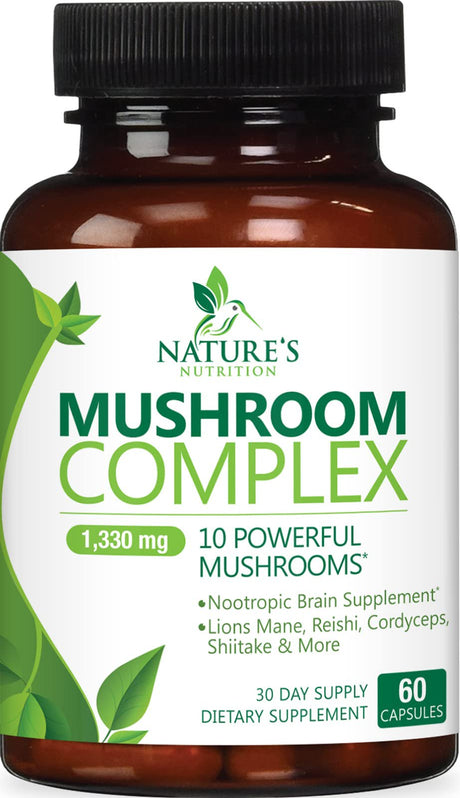 Mushroom Supplement - 10 Mushroom Complex Blend - Lions Mane, Reishi, Turkey Tail, Chaga, Cordyceps, Shiitake, Maitake - Nootropic Brain Supplement, Memory, Focus, Immune Health Support - 120 Count