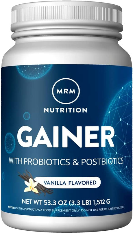 MRM Nutrition Gainer Protein with Probiotics + Postbiotics | Vanilla Flavored | 25G Protein | Whey Concentrate + Isolate + Micellar Casein| Slow + Fast Digesting| with Digestive Enzymes | 18 Servings