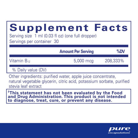 Pure Encapsulations B12 5,000 Liquid | Vitamin B12 Methylcobalamin Supplement to Support Energy, Nerve Health, Cognitive Function, and Blood Cells* | 1 Fl. Oz.