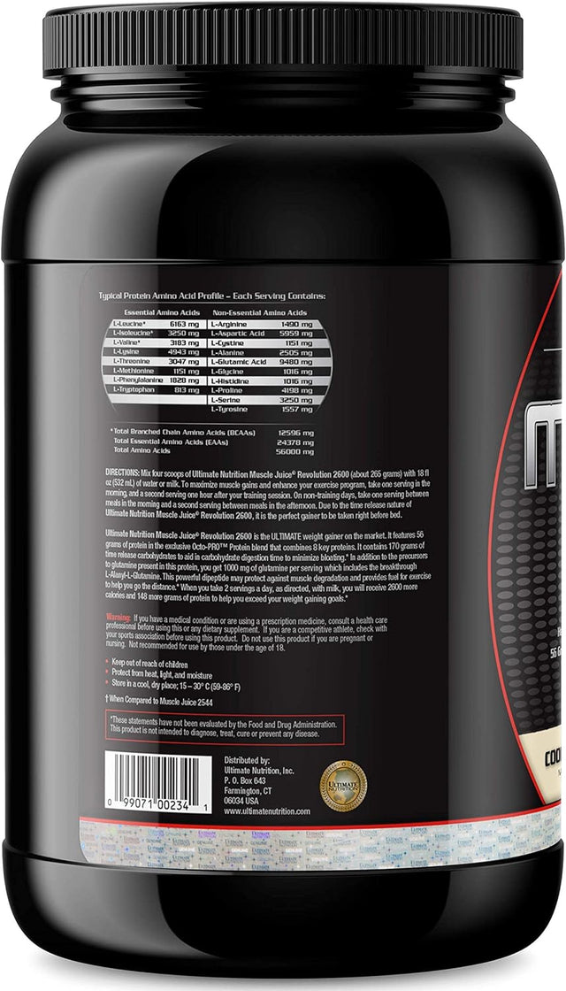 Ultimate Nutrition Muscle Juice Revolution Weight and Lean Muscle Mass Gainer Protein Powder with Glutamine, Micellar Casein and Time Release Complex Carbohydrates, Cookies N Cream, 4.69 Pounds