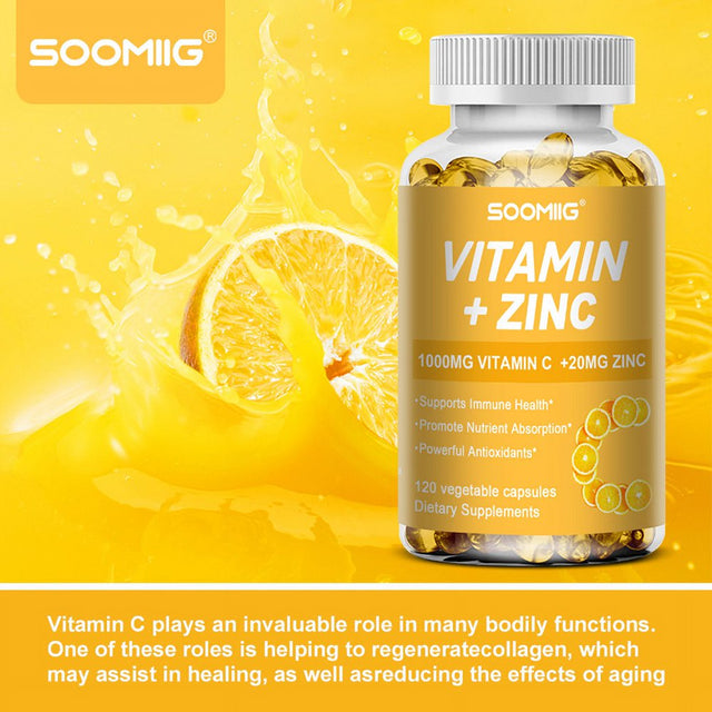 SOOMIIG Vitamin 1000Mg + Zinc 20Mg Supplement, 2-In-1 Antioxidant Formula, Immunity Enhancement, Collagen Production & Skin Health Support