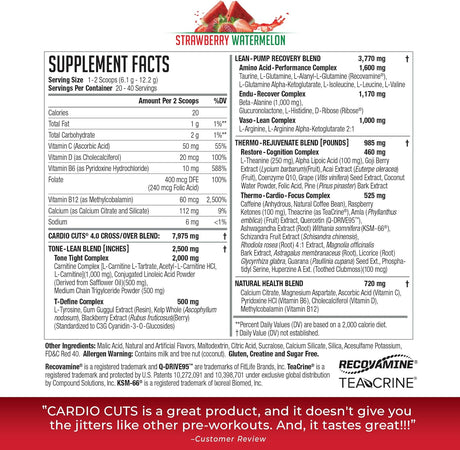 Cardio Cuts NDS Nutrition 4.0 Pre Workout Supplement - Advanced Weight Loss and Pre Cardio Formula with L-Carnitine, CLA, Mcts, L-Glutamine, and Safflower Oil - Strawberry Watermelon (40 Servings)