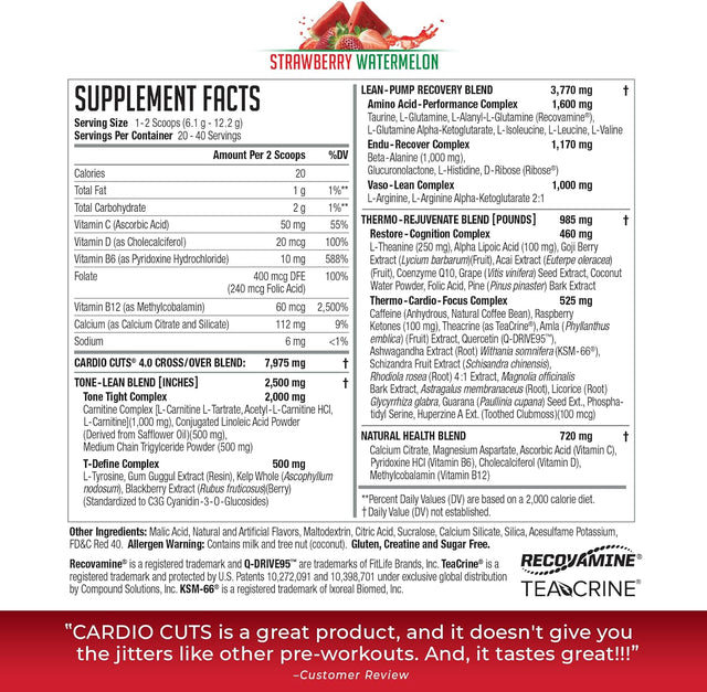 Cardio Cuts NDS Nutrition 4.0 Pre Workout Supplement - Advanced Weight Loss and Pre Cardio Formula with L-Carnitine, CLA, Mcts, L-Glutamine, and Safflower Oil - Strawberry Watermelon (40 Servings)