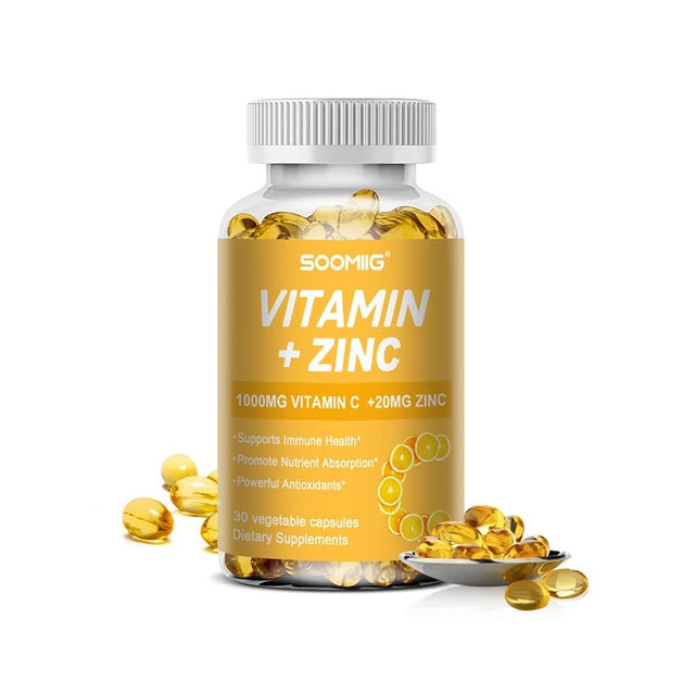 SOOMIIG Vitamin 1000Mg + Zinc 20Mg Supplement, 2-In-1 Antioxidant Formula, Immunity Enhancement, Collagen Production & Skin Health Support