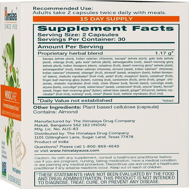 Himalaya Mindcare, Nootropic Brain Booster for Mental Sharpness, Focus & Memory, 1170Mg, 60 Capsules