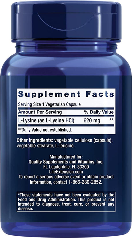 Life Extension L-Lysine 620 Mg - for Healthy Nitrogen Balance, Stress Response & Calcuim Metabolism – for Active Lifestyle - Gluten-Free, Non-Gmo - 100 Vegetarian Capsules