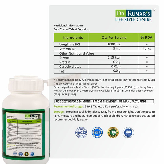 Dr. Kumar'S Lifestyle Centre Booster Nitrogen L-Arginine Tablets | Hcl & Vitamin B6 | Support Healthy Blood Circulation | Health Supplement | 30 Tablets | 1000Mg