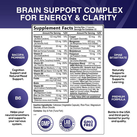 Nootropic Brain Supplement for Memory, Focus & Concentration + Cognitive Support, Brain Booster Supplement with Phosphatidylserine, DMAE Bacopa, Brain Vitamins for Men & Women, Non-Gmo - 120 Capsules