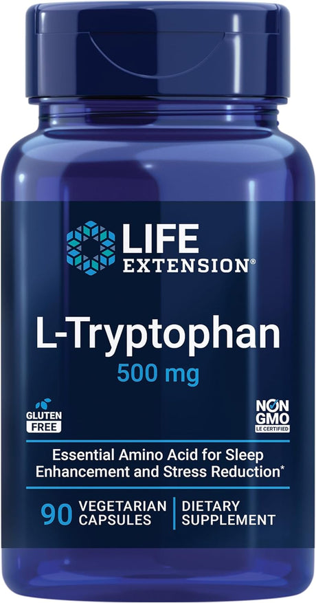 Life Extension L-Tryptophan 500 Mg – L-Tryptophan Supplement for Healthy Sleep and Stress Response Support – Gluten-Free, Non-Gmo, Vegetarian – 90 Capsules