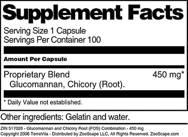 Terravita Glucomannan and Chicory Root (FOS) Combination - 450 Mg (100 Capsules, ZIN: 517028)