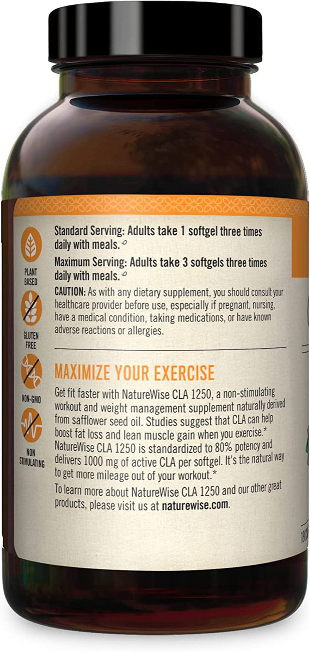 Naturewise CLA 1250 Support Exercise Naturally (2-Month Supply), Support Fitness Goals, Supports Healthy Energy Levels 180 Count