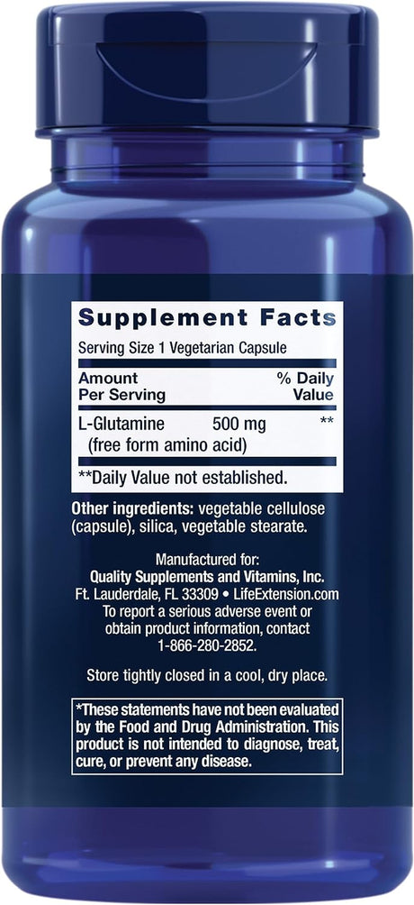 Life Extension L-Glutamine, 500 Mg L-Glutamine, Amino Acid, Supports Muscle Health and Immune Health, Gluten-Free, Non-Gmo, 100 Vegetarian Capsules